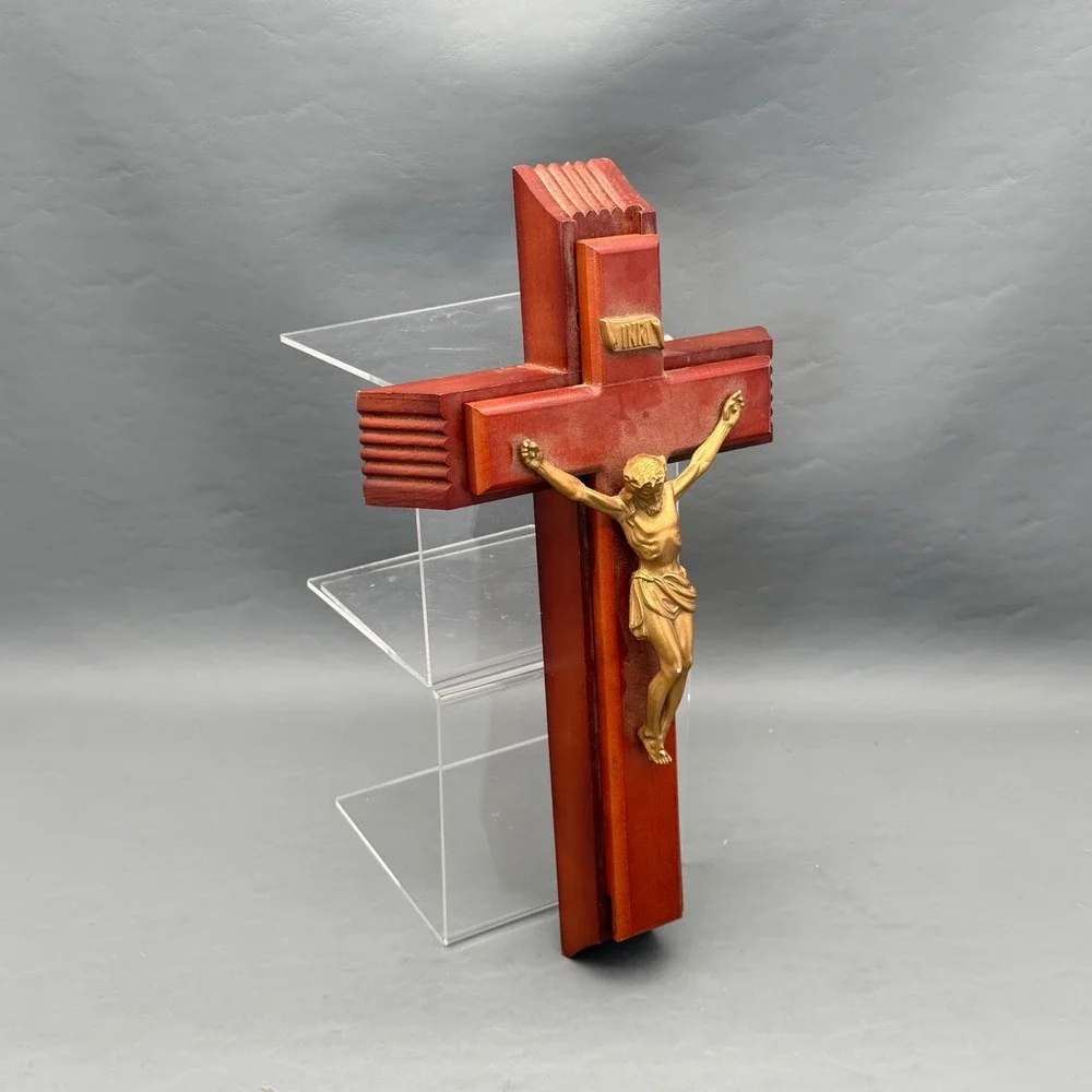 Vintage Wooden Last Rites Sick Call Crucifix Wall Cross Candle Holder